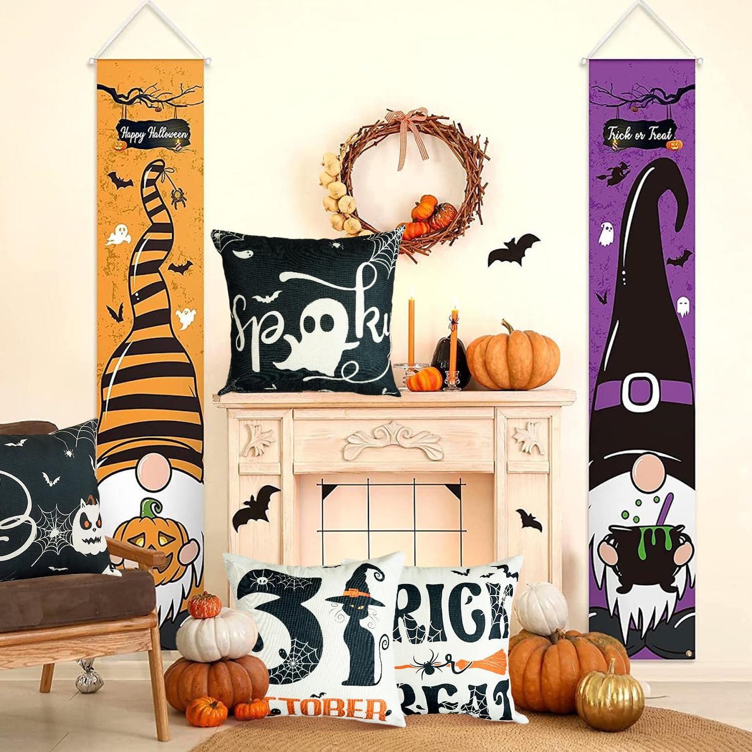 Sioloc Fundas de almohada de Halloween de 18 x 18 pulgadas con 4, decoraciones de Halloween, casa de campo de bruja de calabaza, decoración festiva