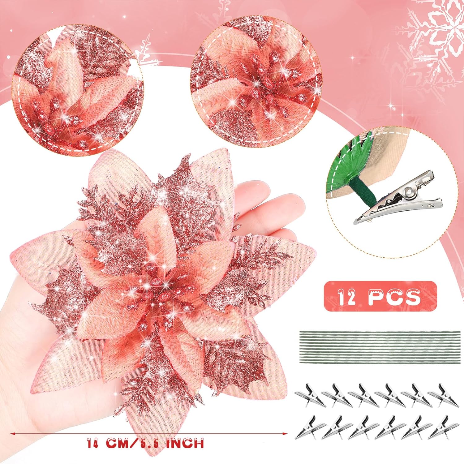 Adornos de flores de Pascua artificiales de Navidad con purpurina y clips y tallos, adornos para árbol de Navidad de Pascua con purpurina para boda