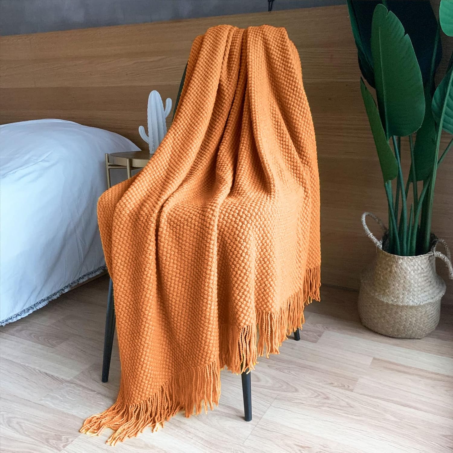 LOMAO Manta de punto con borlas con textura de burbujas, manta ligera para funda de sofá, decoración del hogar (naranja, 50 x 60 pulgadas)