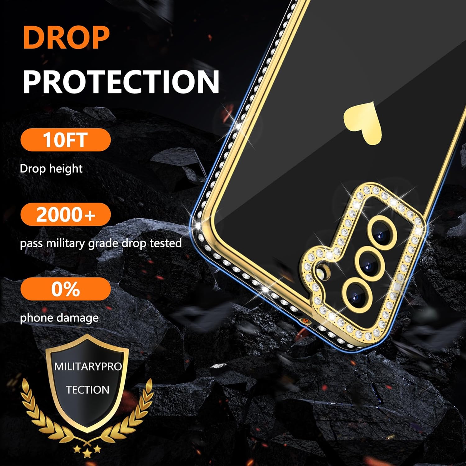 Gritup Funda compatible con Samsung Galaxy S21 FE con protector de pantalla, diseño de corazón de amor, diamantes de imitación brillantes para niñas