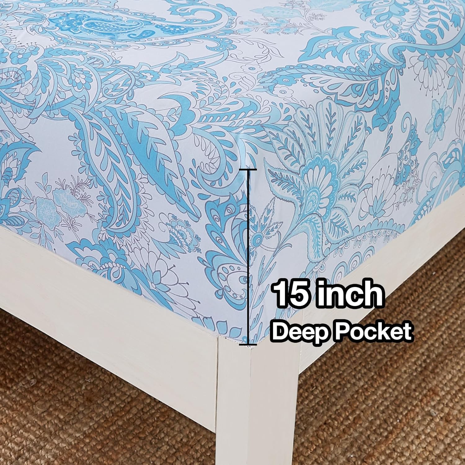 JSD – Juego de sábanas tamaño queen de microfibra suave con estampado floral de cachemira en azul, 4 piezas, esquinas tipo bolsillos extraprofundos