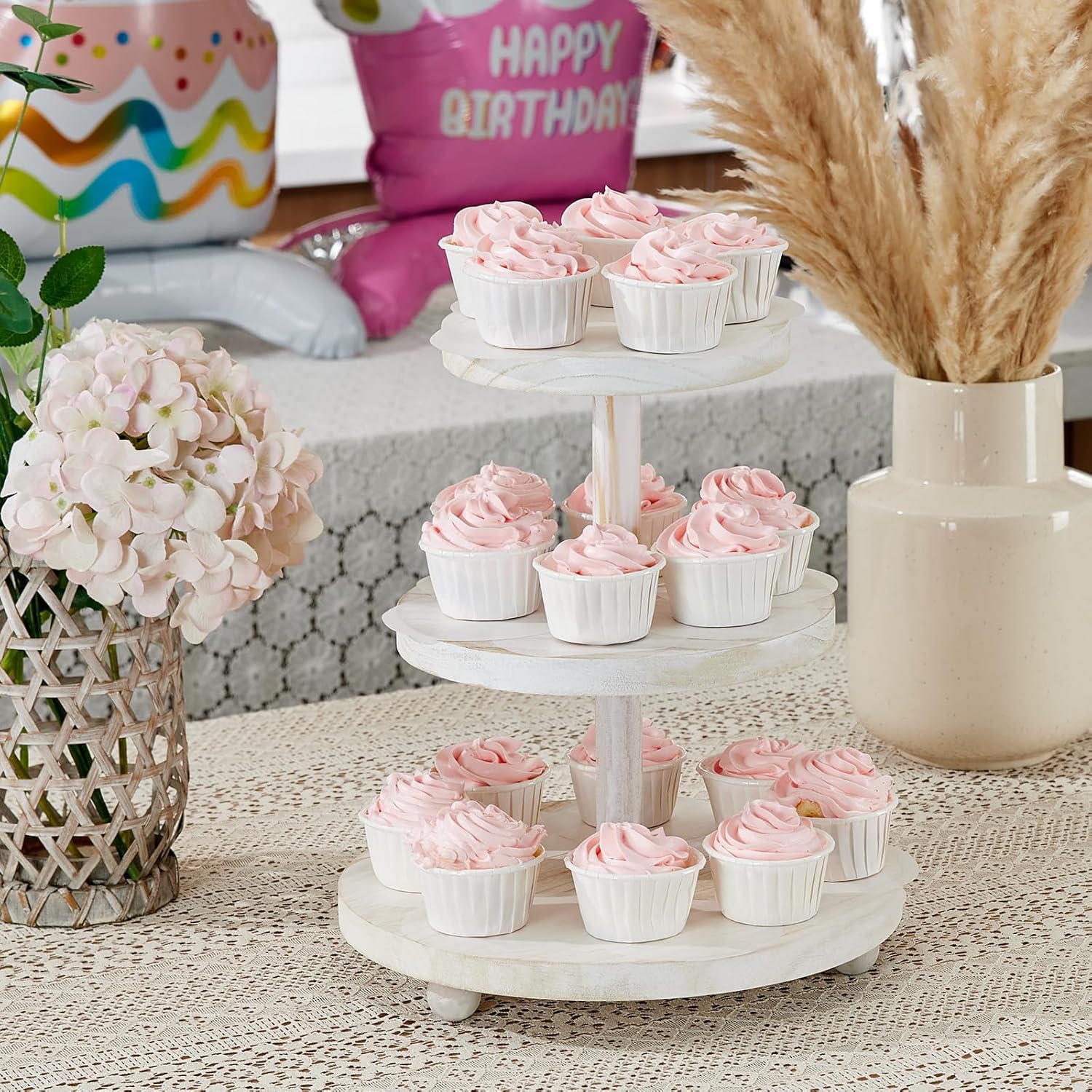 Soporte redondo para cupcakes de 3 niveles, soporte de madera para pasteles con decoración de bandeja escalonada, soporte rústico para tartas,