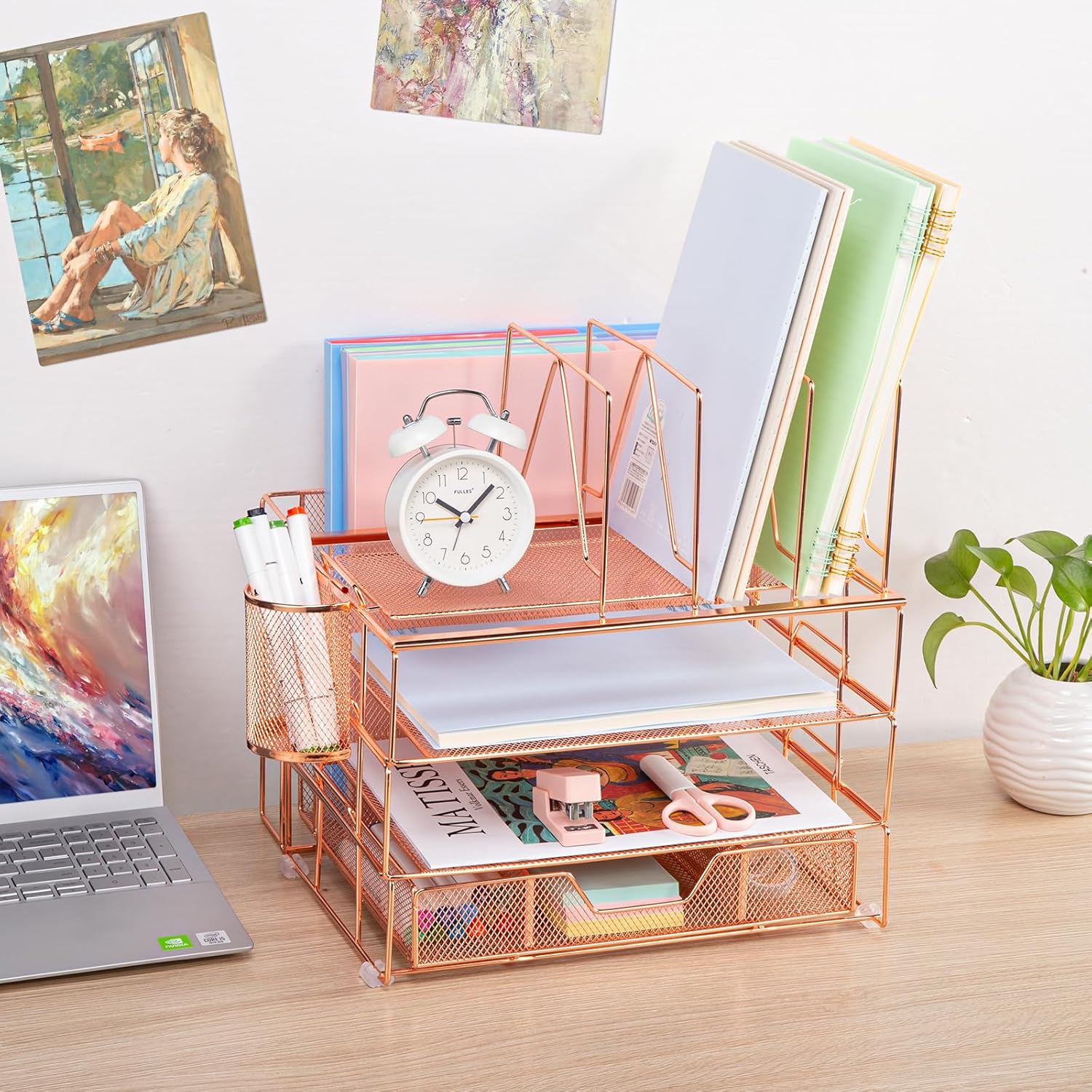 Housmile Organizador de escritorio, organizadores de escritorio de 5 niveles y accesorios con clasificadores de archivos, bandeja de papel, cajón y