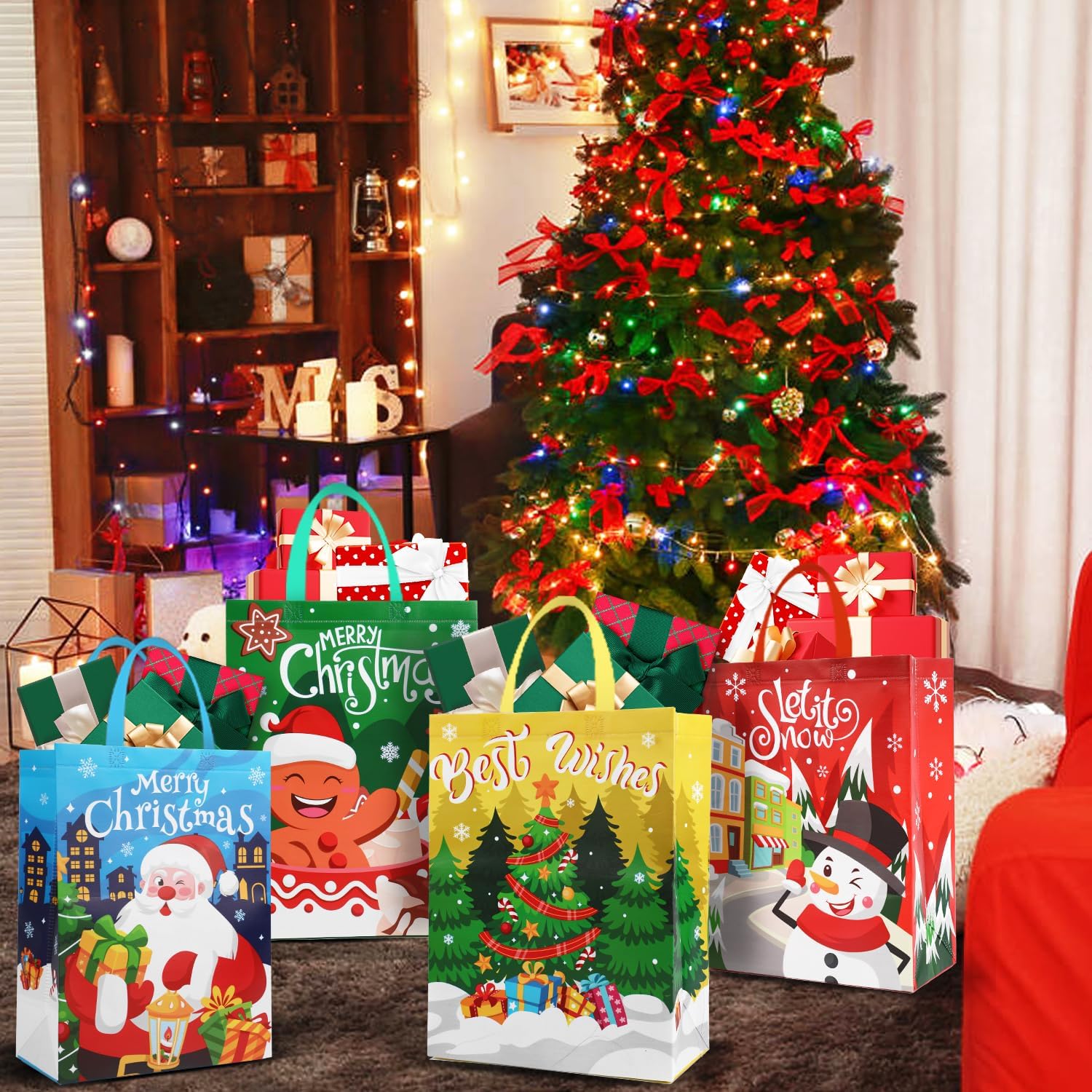 Paquete de 12 bolsas grandes de Navidad con asas, bolsa de regalo reutilizable, no tejida, bolsas de compras para suministros de fiesta de Navidad