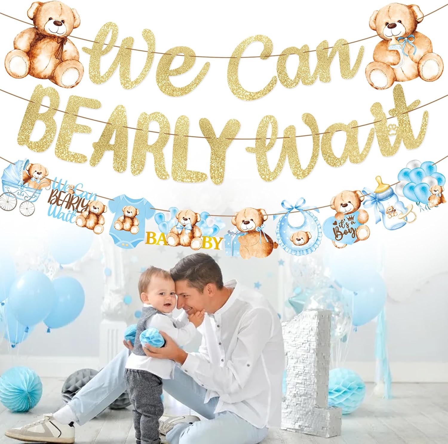 Cartel de oso de peluche para baby shower, 3 unidades, con texto en inglés We Can Bearly Wait Baby Show, decoración de oso de peluche con purpurina