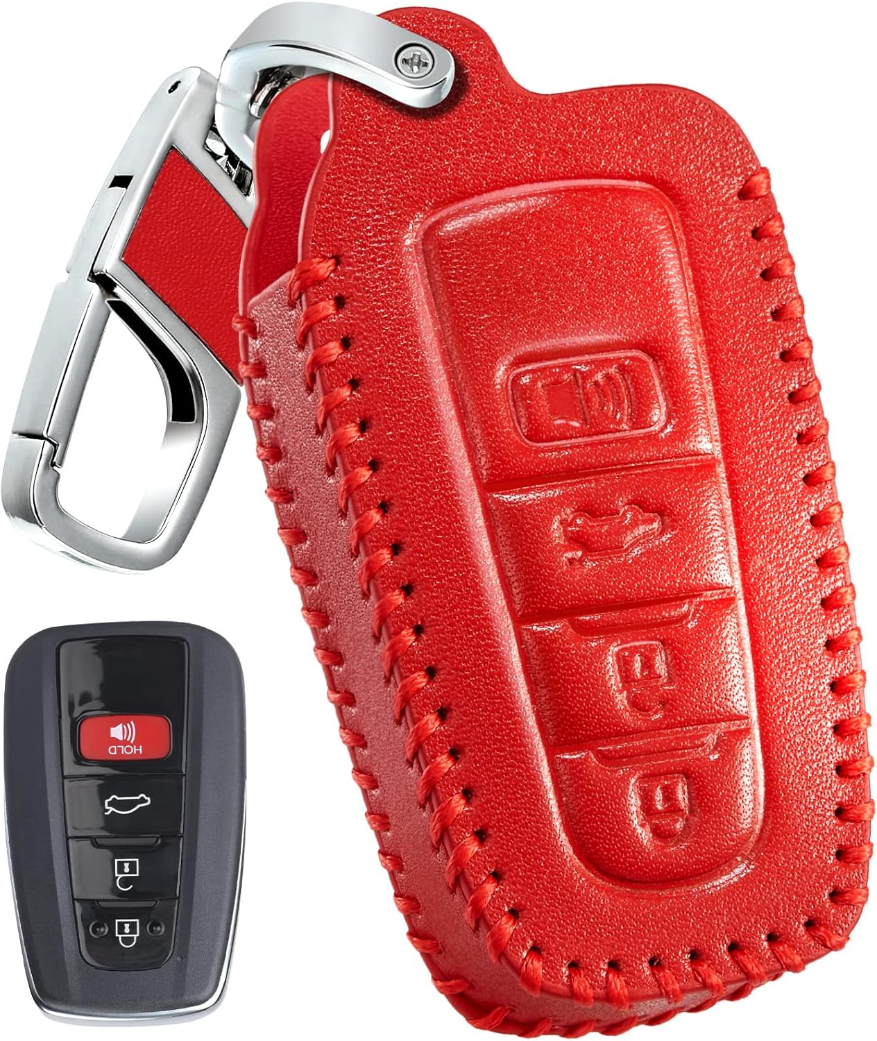 Funda de cuero para llavero de Toyota para Camry 4 botones, funda de cuero+anillo en D+gancho Futi, Rojo –