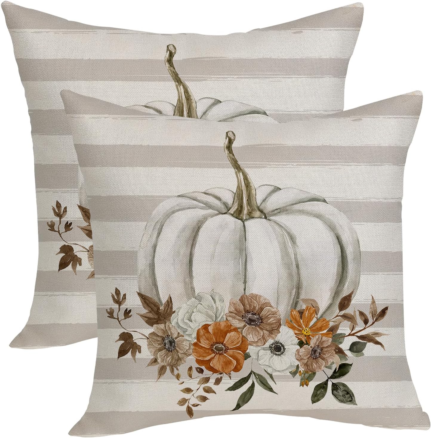 Fundas de almohada de otoño de 18 x 18 pulgadas, paquete de 2 fundas de almohada decorativas de otoño con flores y rayas, funda de cojín decorativa