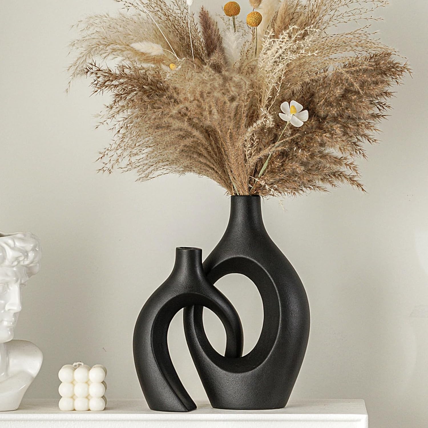 Lvases Juego de 2 jarrones de cerámica negro mate para decoración moderna de estantes, jarrones de flores estéticos de pampas de estilo bohemio