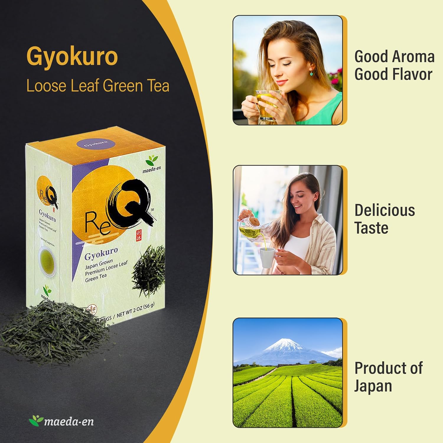 MAEDA-EN Re-Q Gyokuro – Té verde de hojas sueltas, 5.93 oz de origen japonés, bebida caliente o helada con aroma agradable, paquete de 3