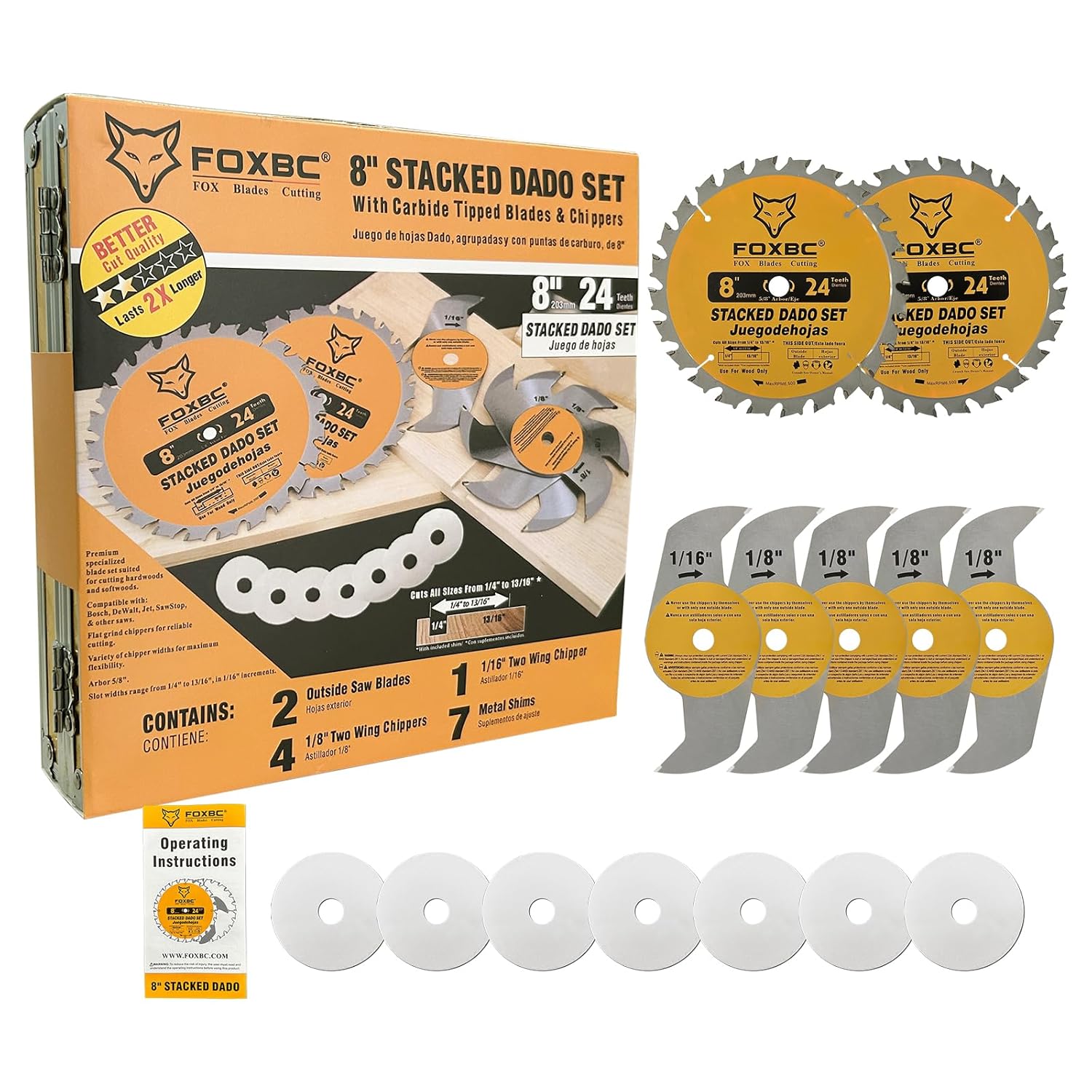 FOXBC Juego de cuchillas apilables de carburo de 8 pulgadas para sierra SawStop, Jet, Dewalt, Bosch – 14 piezas