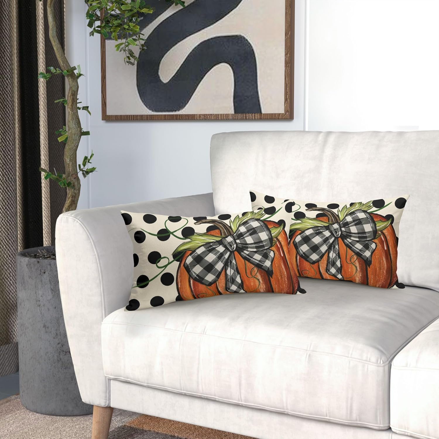 Juego de 2 fundas de almohada lumbares de calabaza con lunares otoñales de 12 x 20 pulgadas, para decoración del hogar, sofá, porche, exteriores
