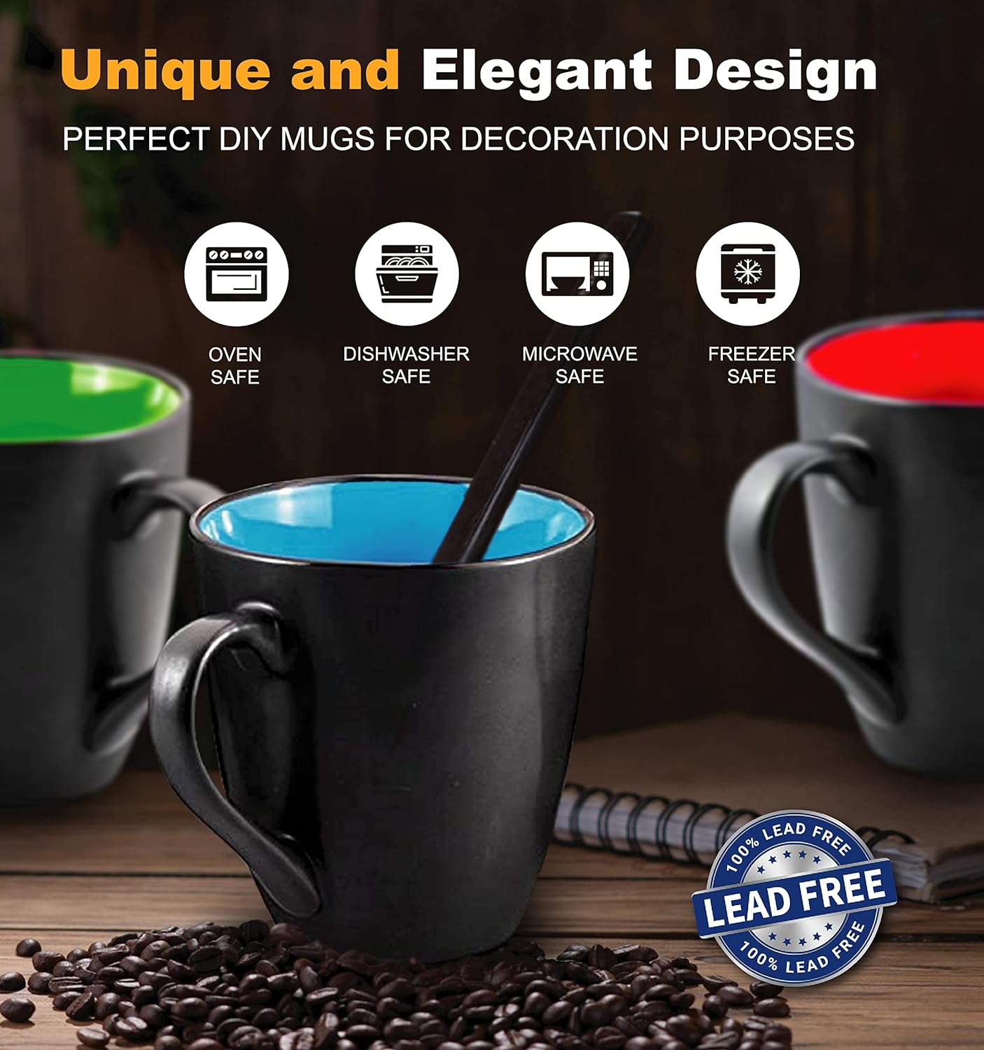 Bruntmor Juego de 6 tazas de capuchino con platillos de 6 onzas, color negro mate y de cerámica de 16 onzas, tazas de café negras mate para