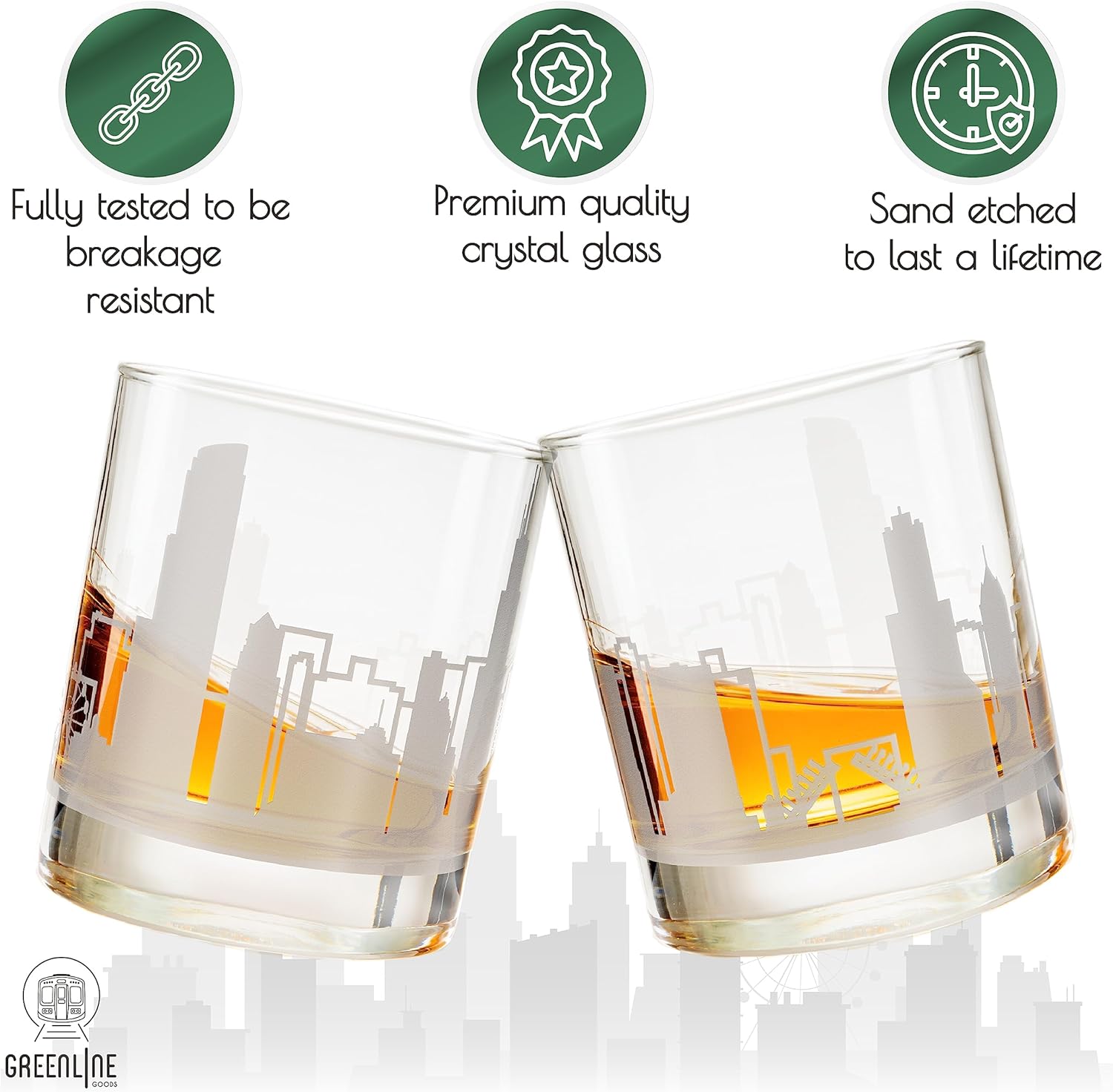 Greenline Goods Vasos de whisky  Vaso de 10 onzas para los amantes de Chicago (vaso individual)  Grabado con Chicago, IL Skyline  Cristalería