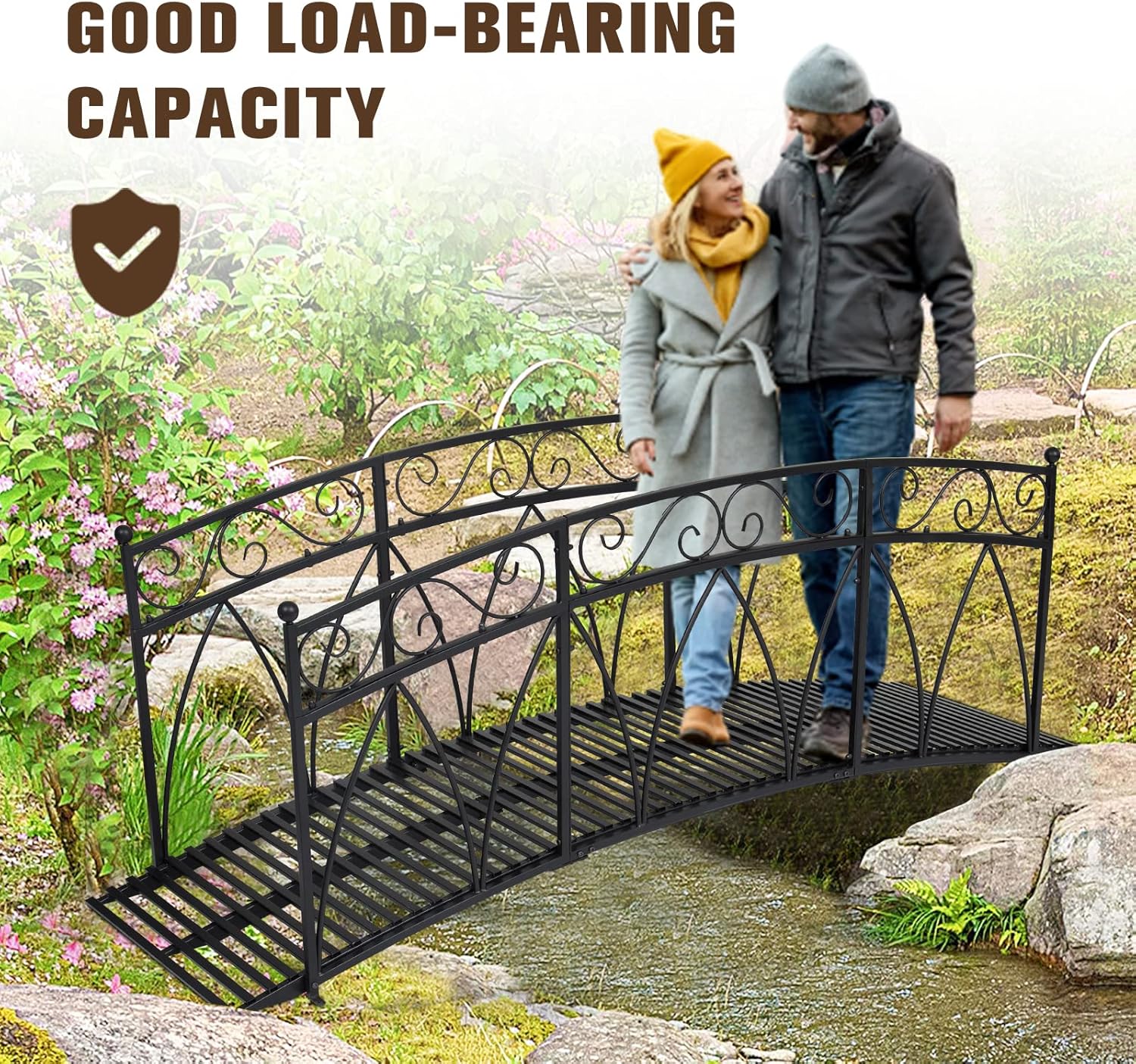 Puente de jardín de metal de 8 pies con carriles laterales con patrones de seguridad, puente de arco de hierro decorativo para exteriores, puente