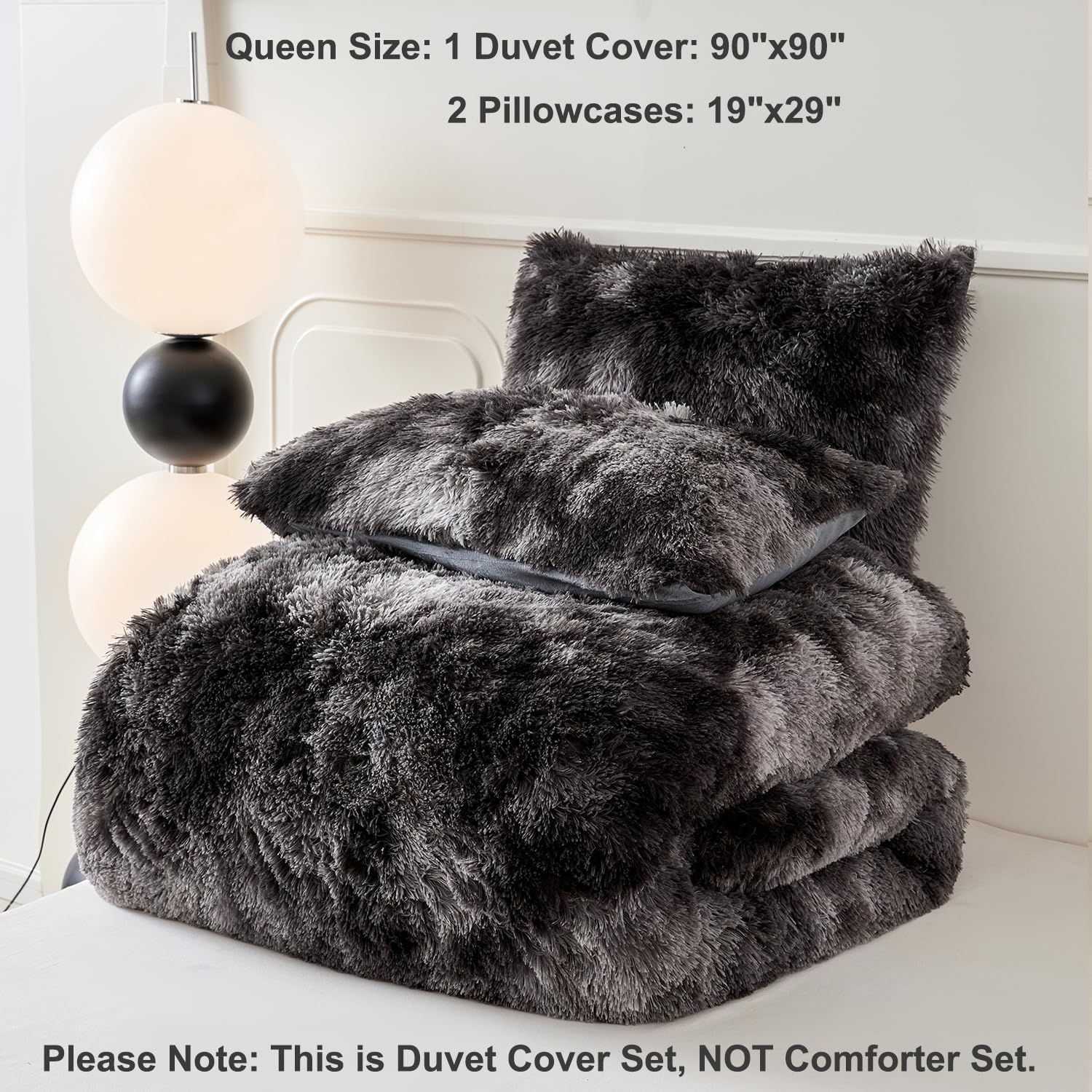 SUCSES Juego de funda de edredón de felpa lanudo tamaño Queen, 3 piezas, color gris oscuro, pelo sintético, esponjoso, teñido anudado, juego de