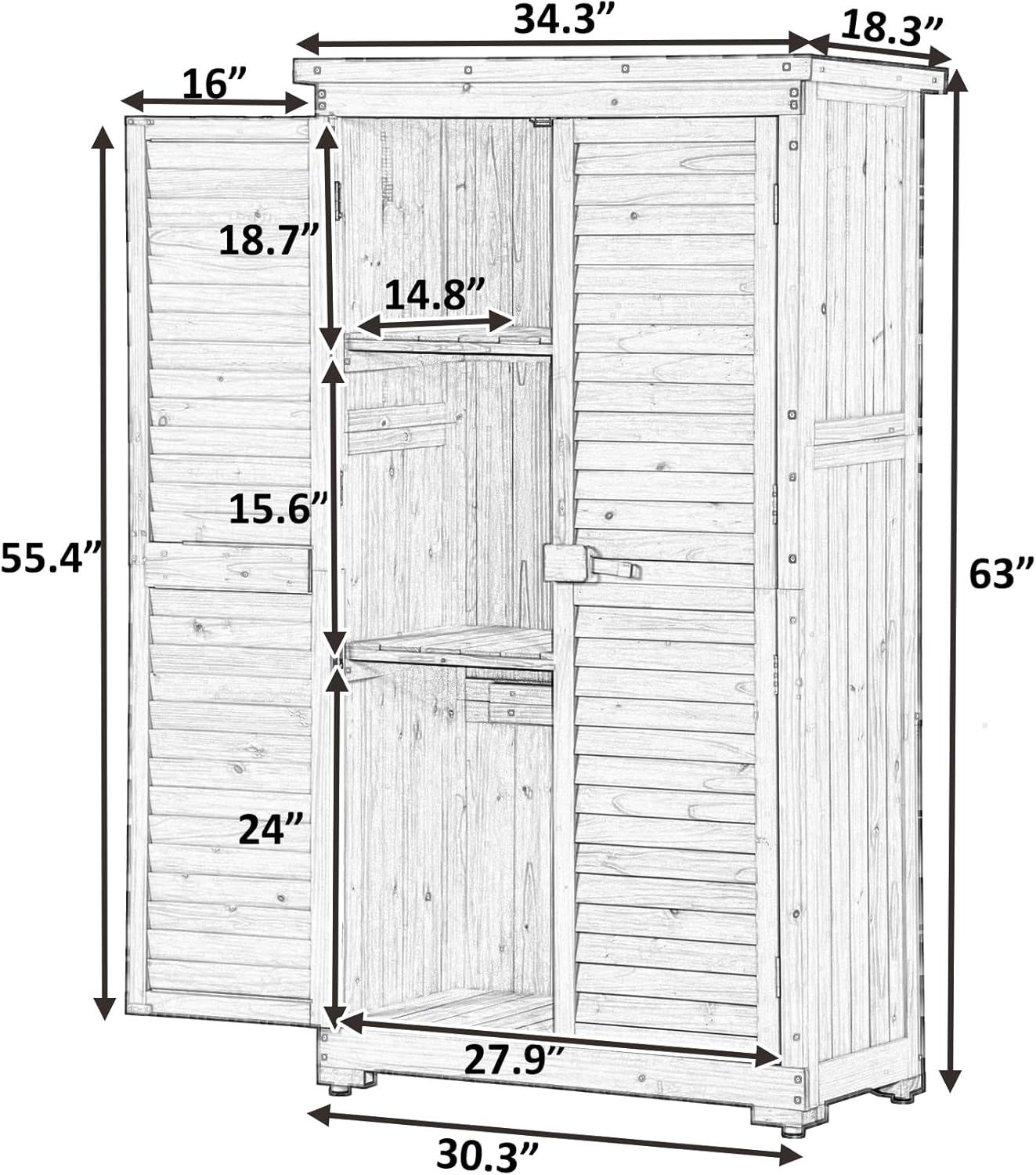 Cobertizo de almacenamiento de madera para exteriores de 2.85 x 1.5 pies con puerta con cerradura, cobertizo de herramientas de almacenamiento de