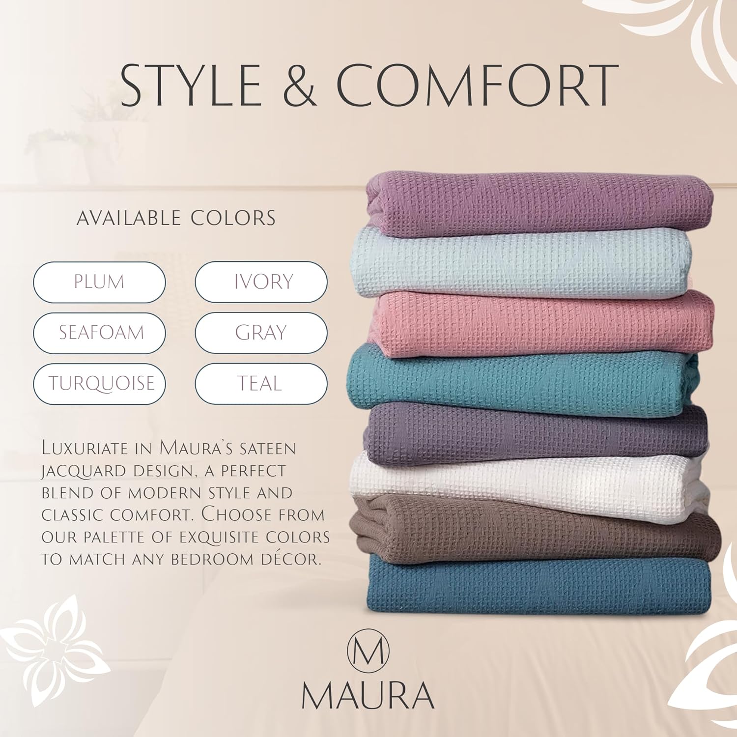 Maura Mantas finas y ligeras. Manta térmica decorativa 100% algodón, diseño jacquard satinado. Manta transpirable, acogedora y perfecta para colocar
