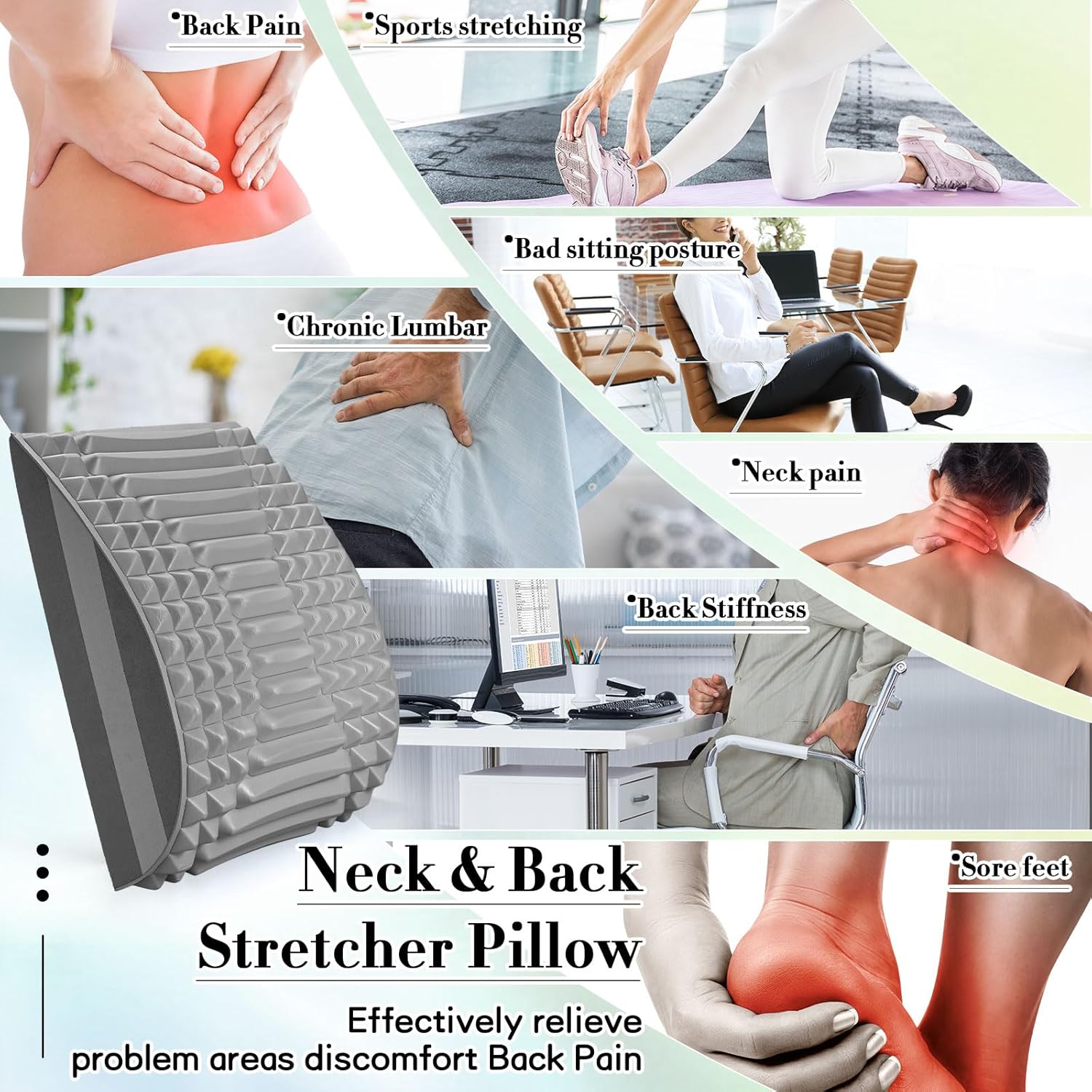 2 piezas de estiramiento de espalda y cuello para alivio del dolor de espalda baja, estirador de cuello, almohada ajustable para escoliosis, hernia