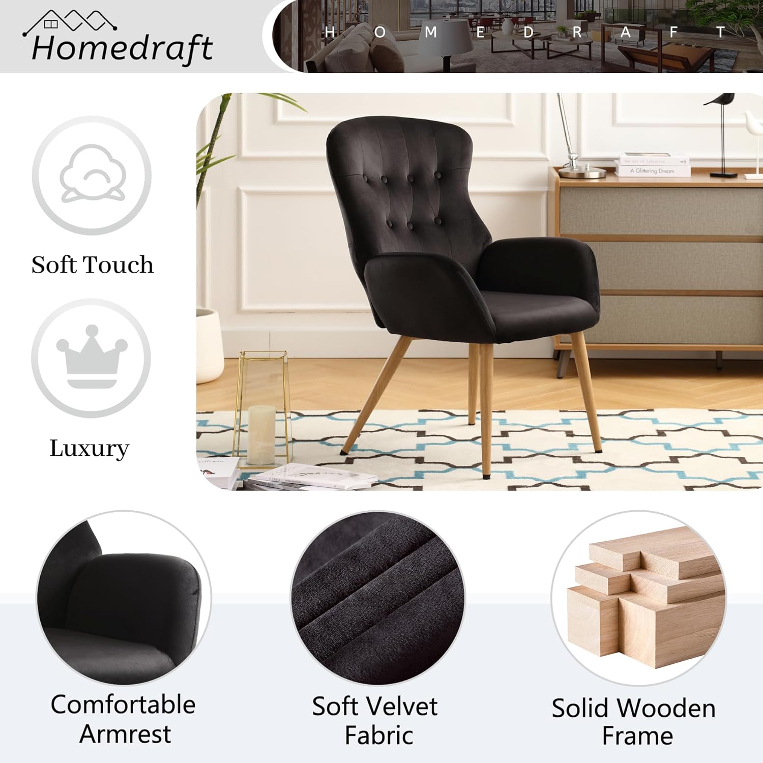 Silla decorativa de terciopelo, silla de lectura copetuda con botones con respaldo de ala alta grande, cómoda silla de tocador tapizada con patas de