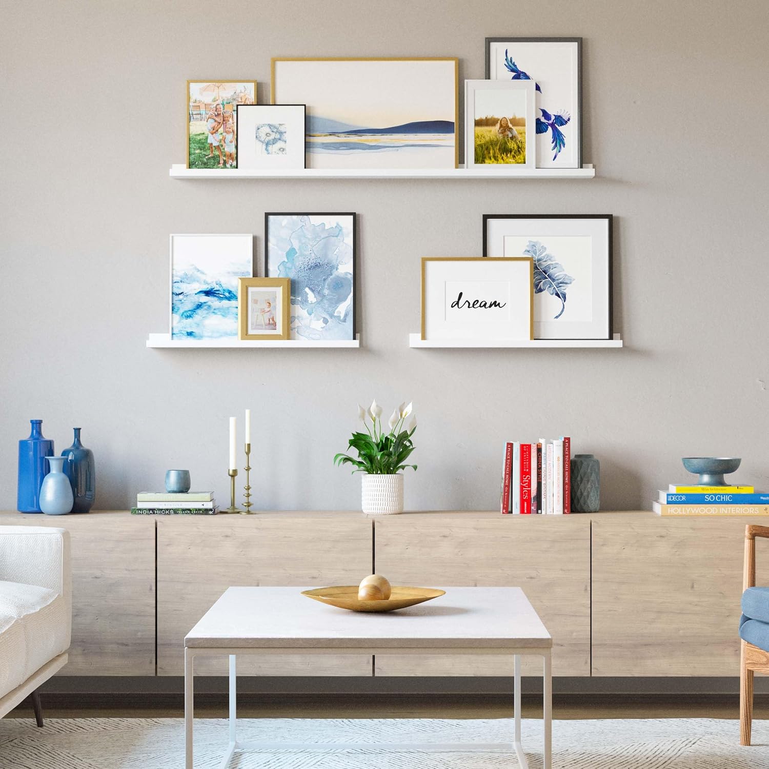 Wallniture Denver – Estantes flotantes de 48 a 24 a 24 pulgadas para marcos de fotos, decoración de pared de collage, juego de estantes de repisa de