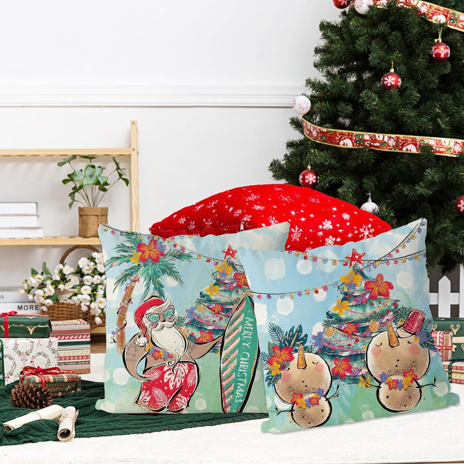 GAGEC Juego de 2 fundas de almohada navideñas de 18 x 18 pulgadas, fundas de almohada de Papá Noel costero, muñeco de nieve, fundas de almohada de