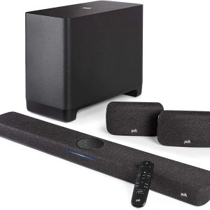 Barra de sonido React, altavoces envolventes Polk SR2 y subwoofer Polk React de 7 pulgadas Barra de sonido React, altavoces envolventes Polk SR2 y subwoofer Polk React de 7 pulgadas