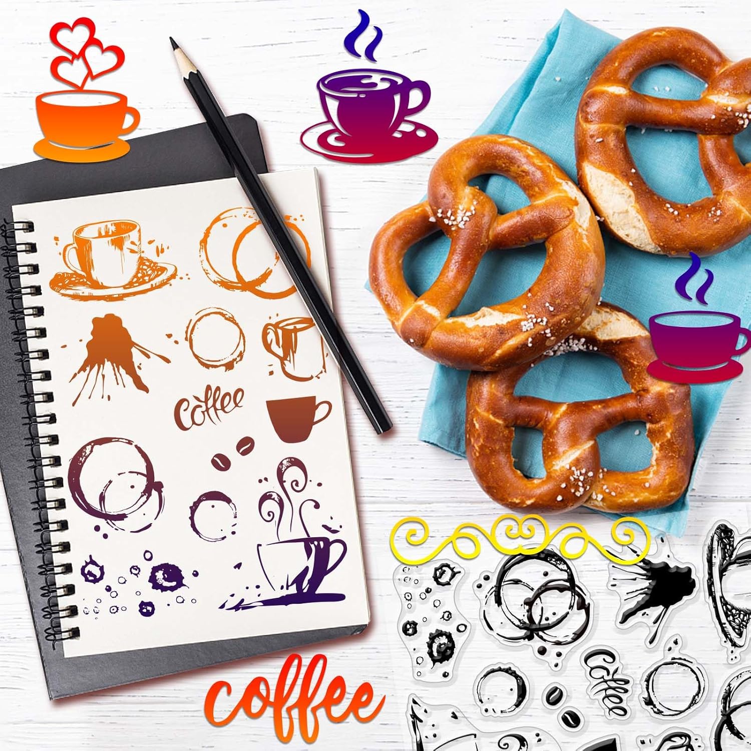 GLOBLELAND Juego de sellos y troqueles transparentes para salpicaduras de café y troqueles para hacer tarjetas, plantillas de PET para decoración de