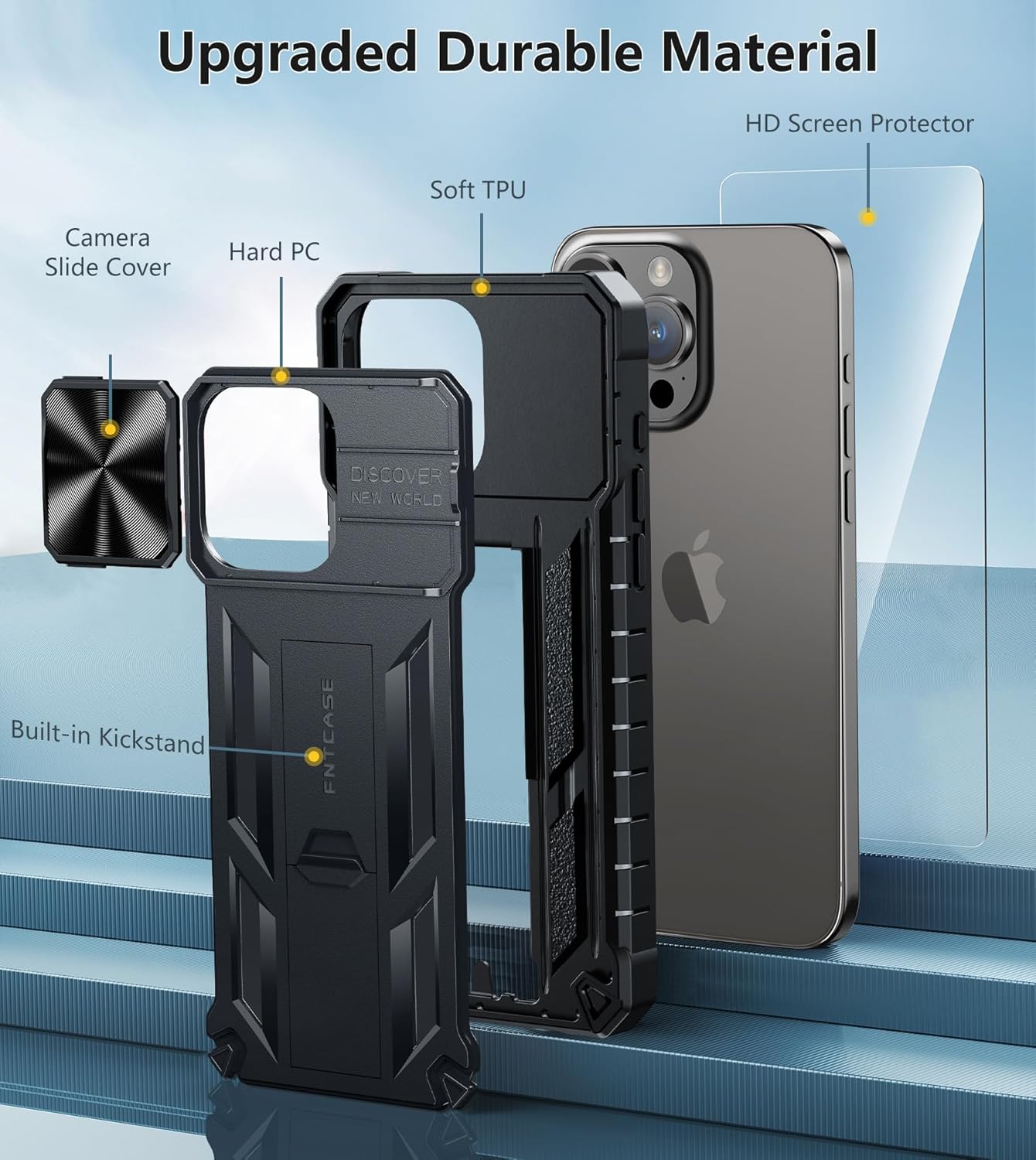 FNTCASE Funda para iPhone 15-Pro-Max Cubierta protectora de grado militar a prueba de caídas, resistente a prueba de golpes, con soporte y tobogán