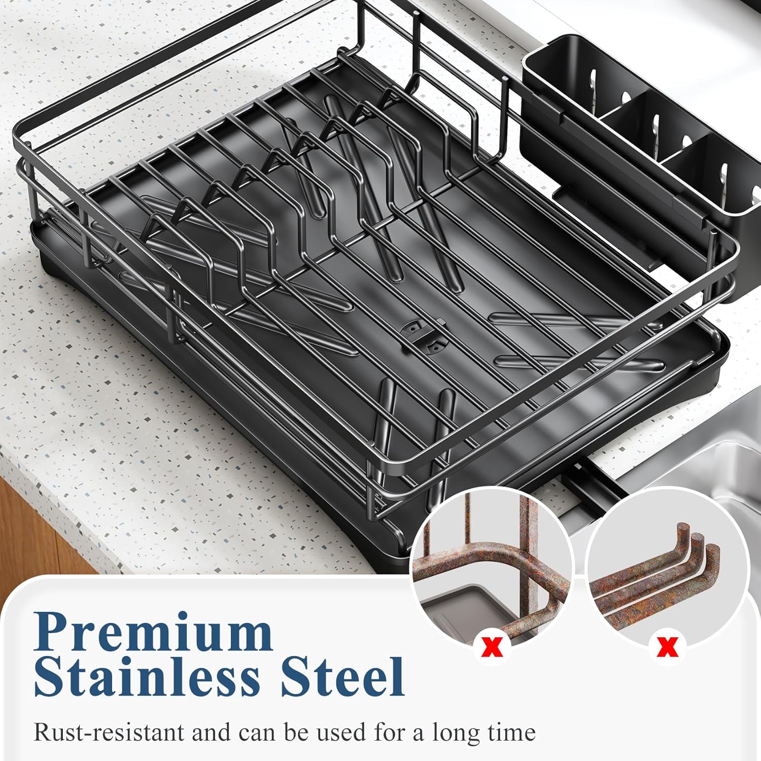 Escurridor de platos para encimera de cocina, escurridor grande con escurridor, escurridor de platos inoxidable con soporte para utensilios para