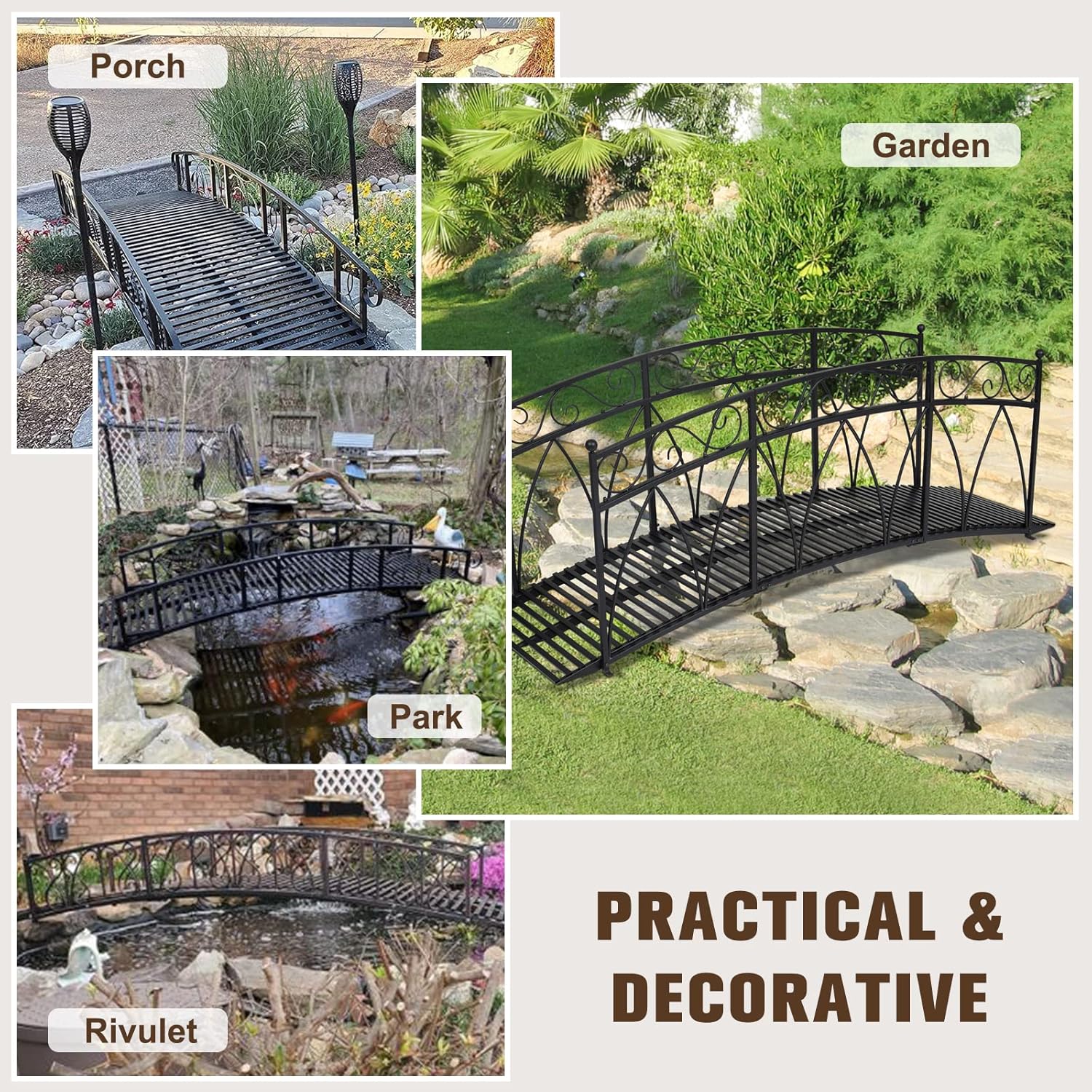 Puente de jardín de metal de 8 pies con carriles laterales con patrones de seguridad, puente de arco de hierro decorativo para exteriores, puente