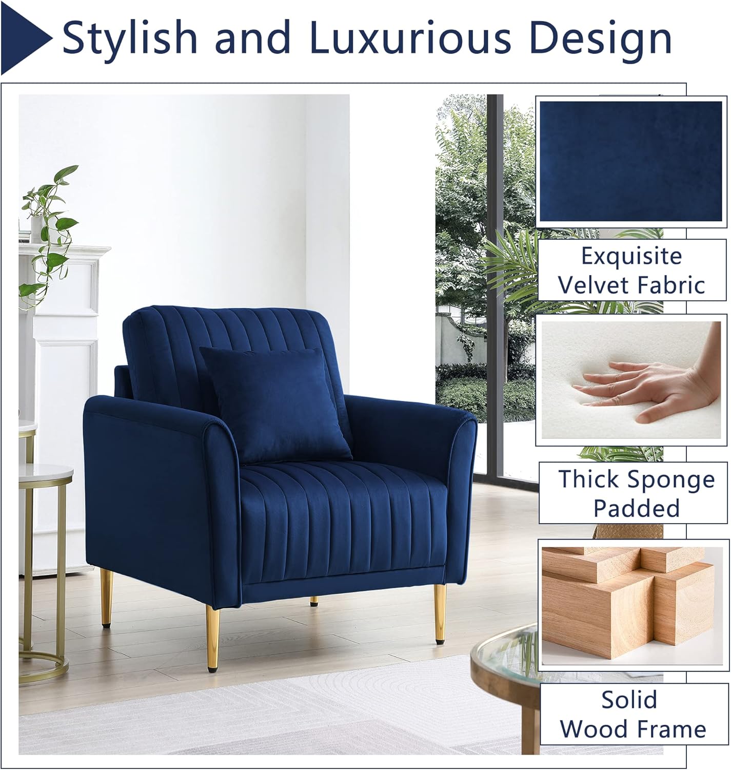 Tmosi Moderno sofá individual de terciopelo, sillón decorativo con almohadas de respaldo extraíbles, silla moderna Arm Club Leisure con patas de