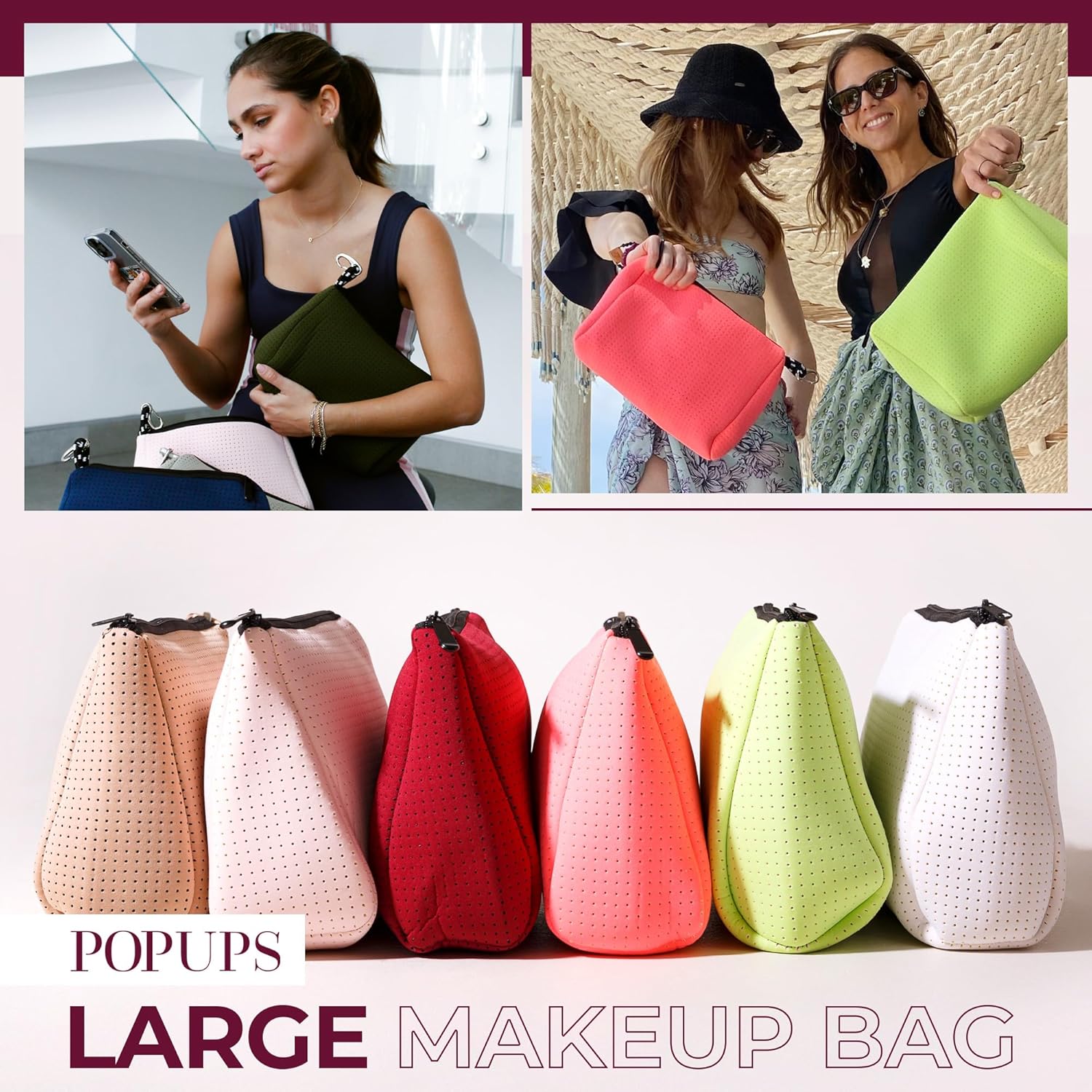 Pop Ups Brand – Bolsa de maquillaje grande con cremallera, de neopreno, lavable a máquina, artículos de tocador de viaje, bolsa organizadora de