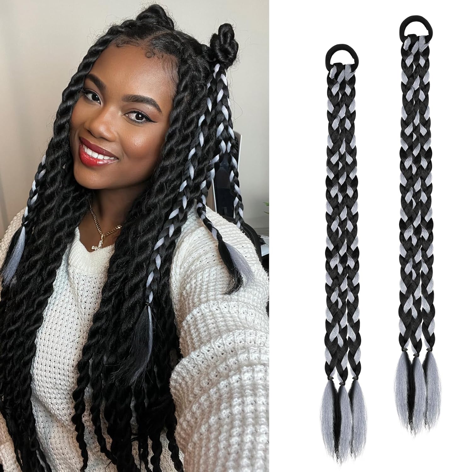 Dreamlover Extensiones de cola de caballo trenzadas con lazos para el cabello para mujer, mezcla de colores, 2 tonos coloridos y elegantes, negro y