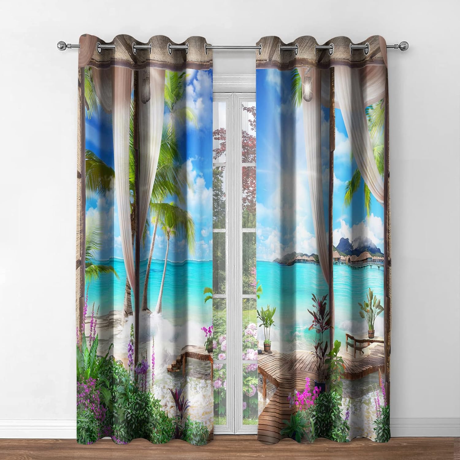 Jekeno Cortinas opacas con luz del sol para playa, océano tropical, isla marina, palmera, estampado de paisaje de verano, decoración de dormitorio,