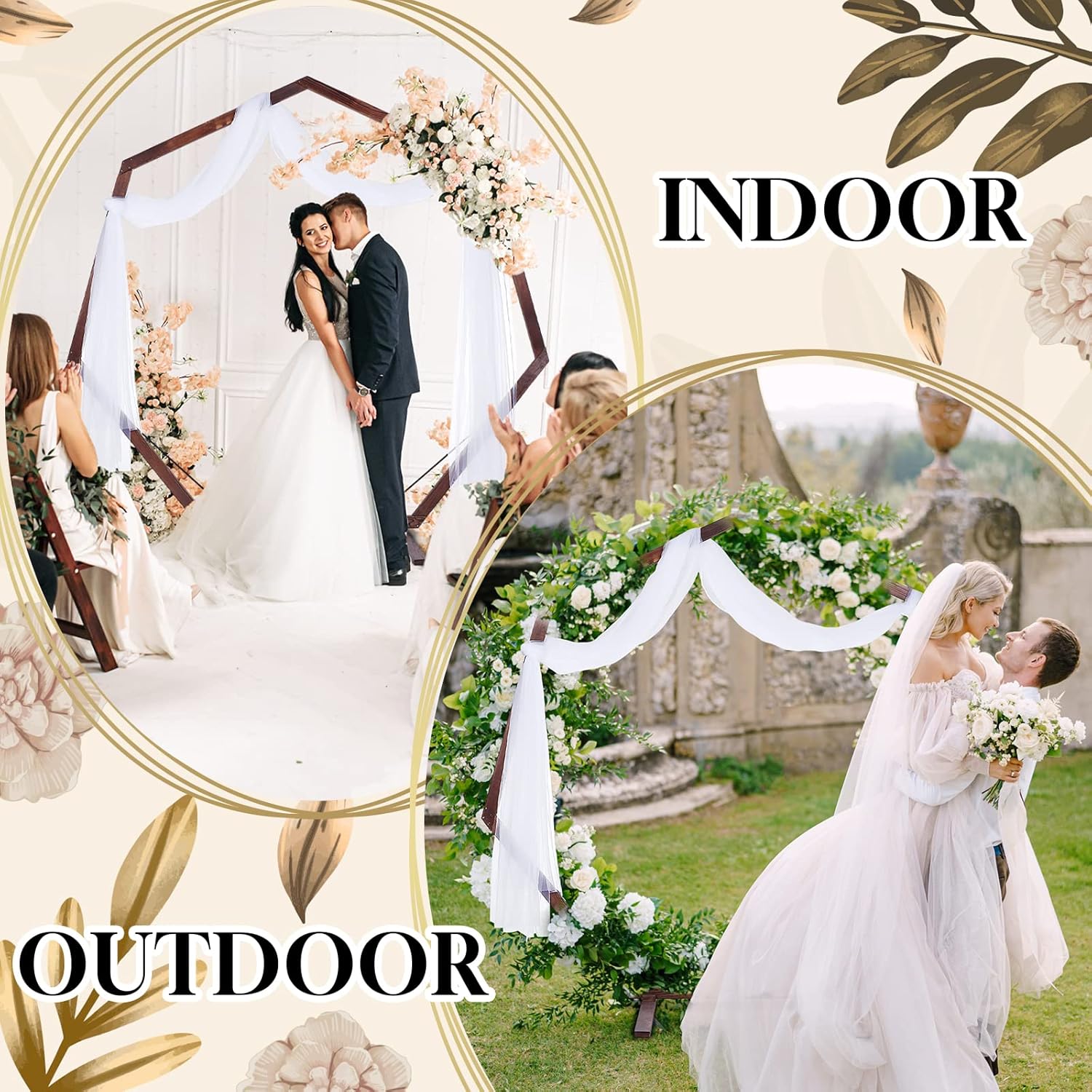 Arco de boda de 7.2 pies con 3 piezas de tela drapeada de 6 yardas, arco de boda de madera heptagonal para ceremonia, árbol de boda de madera para