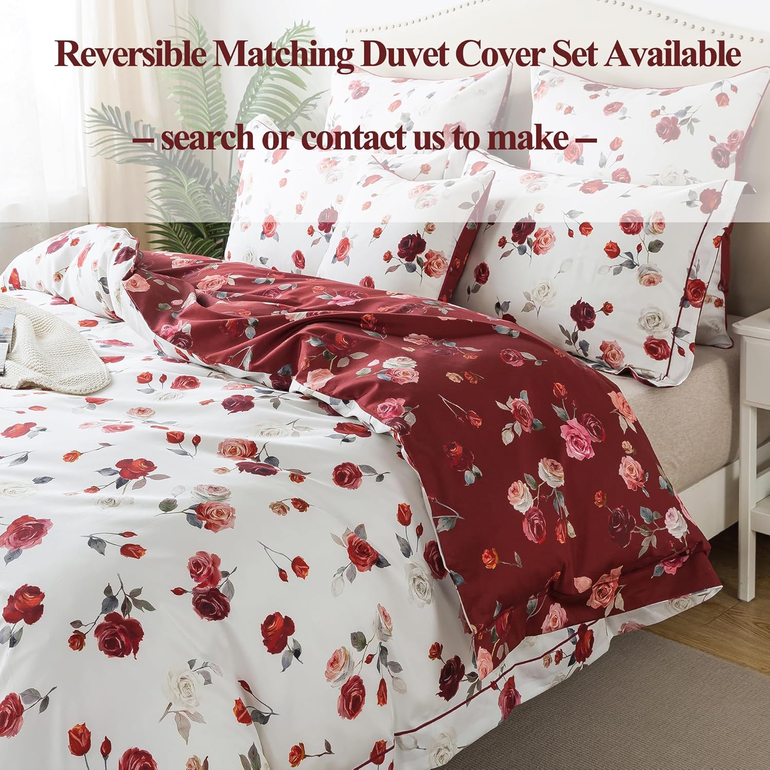 FADFAY Sábanas de rosas rojas, tamaño individual XL, ropa de cama vintage floral rosa elegante, ropa de cama de granja desgastada, 100% algodón