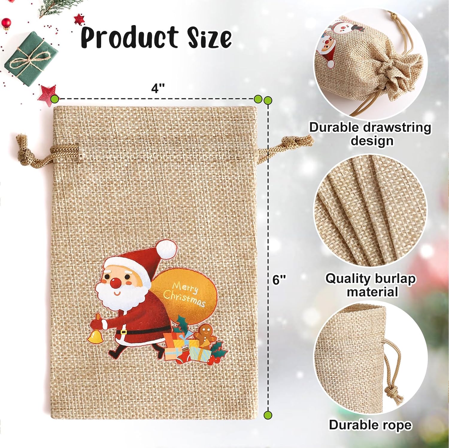 Hopttreely 24 bolsas de arpillera de Navidad, bolsas de Navidad de yute para regalos, bolsas de dulces de Navidad de 4 x 6 con cordones, bolsas