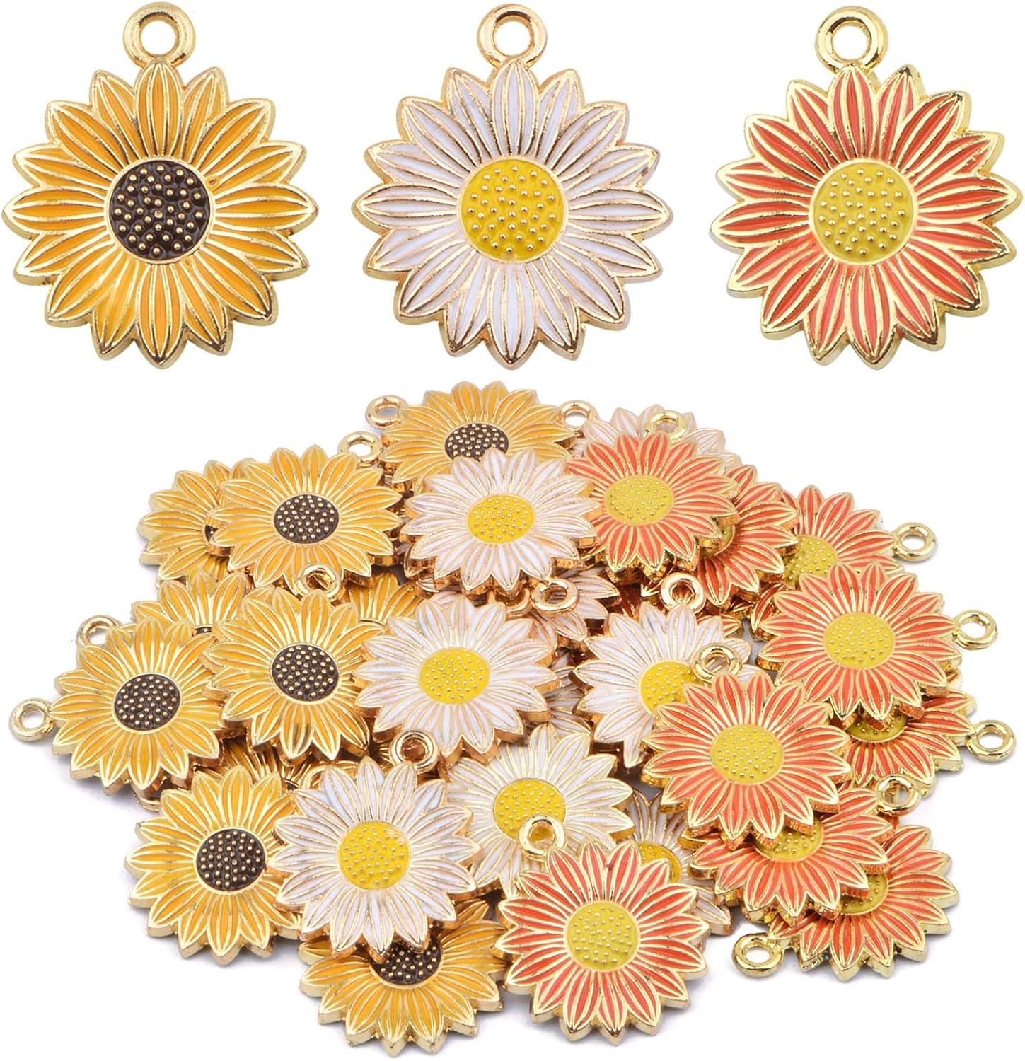 30 dijes de aleación esmaltada con forma de flor de sol, encantadores colgantes de margarita, girasol, suministros de manualidades para