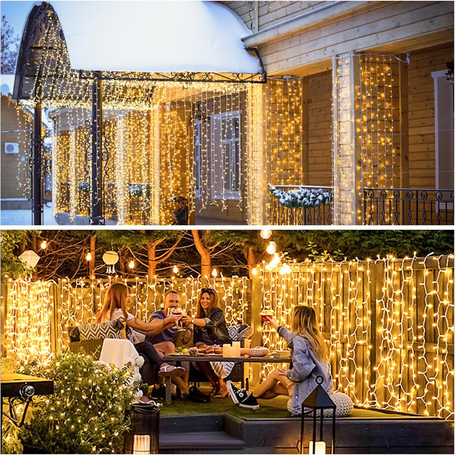 JMEXSUSS 900 luces LED de cortina de Navidad para exteriores, 9.5 x 29.5 pies, luces de Navidad enchufables con control remoto, luces colgantes de
