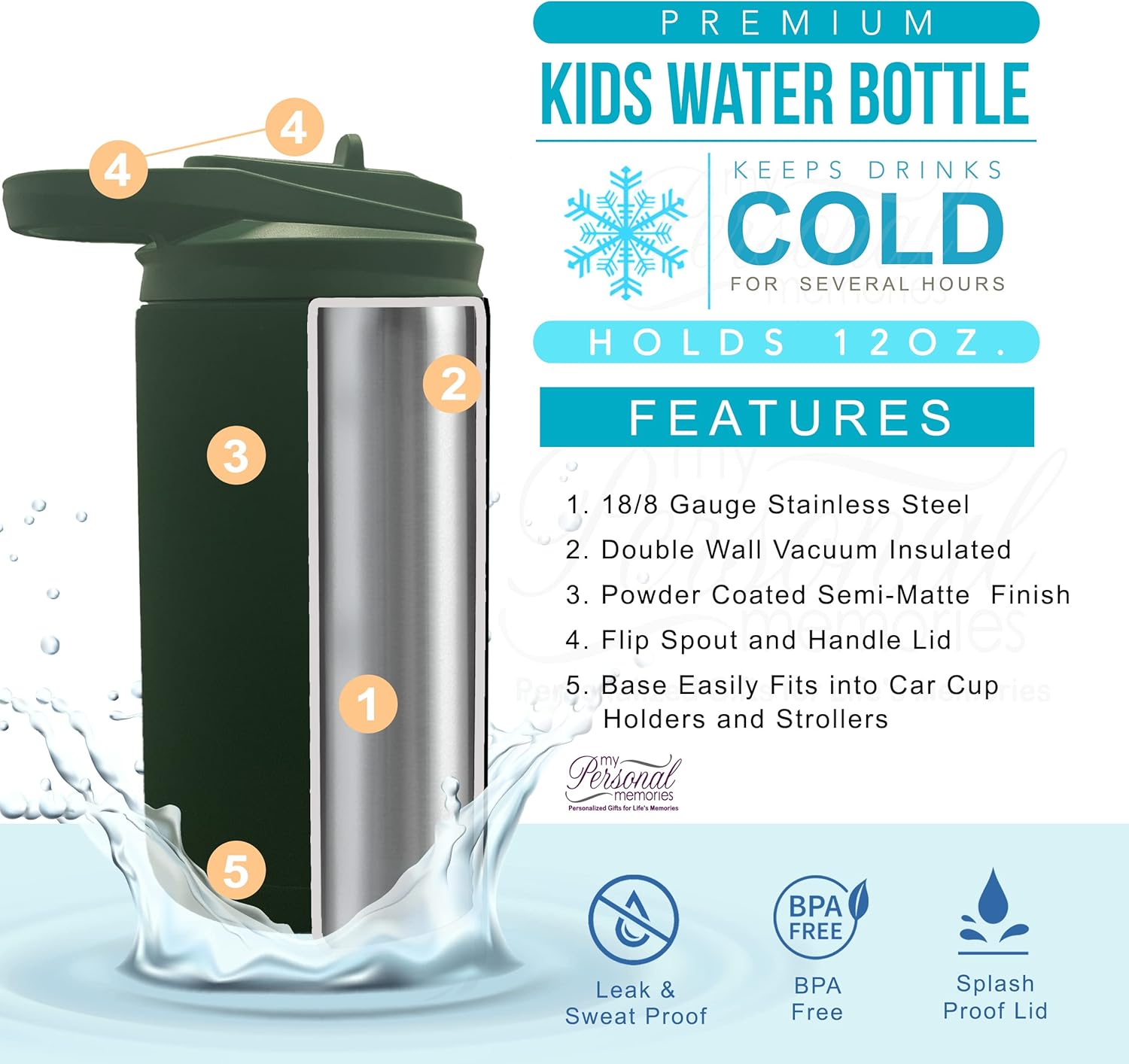 Botella de agua de alta calidad personalizada de 12 onzas con pajilla, vaso aislado de doble pared para niños, niñas, escuela y deportes, grabado