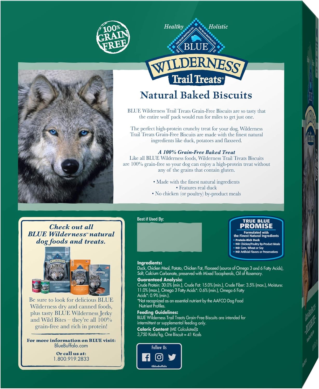 Blue Buffalo Wilderness Trail Treats – Galletas crujientes para perros con alto contenido en proteínas sin granos, receta de pato, caja de 36 onzas