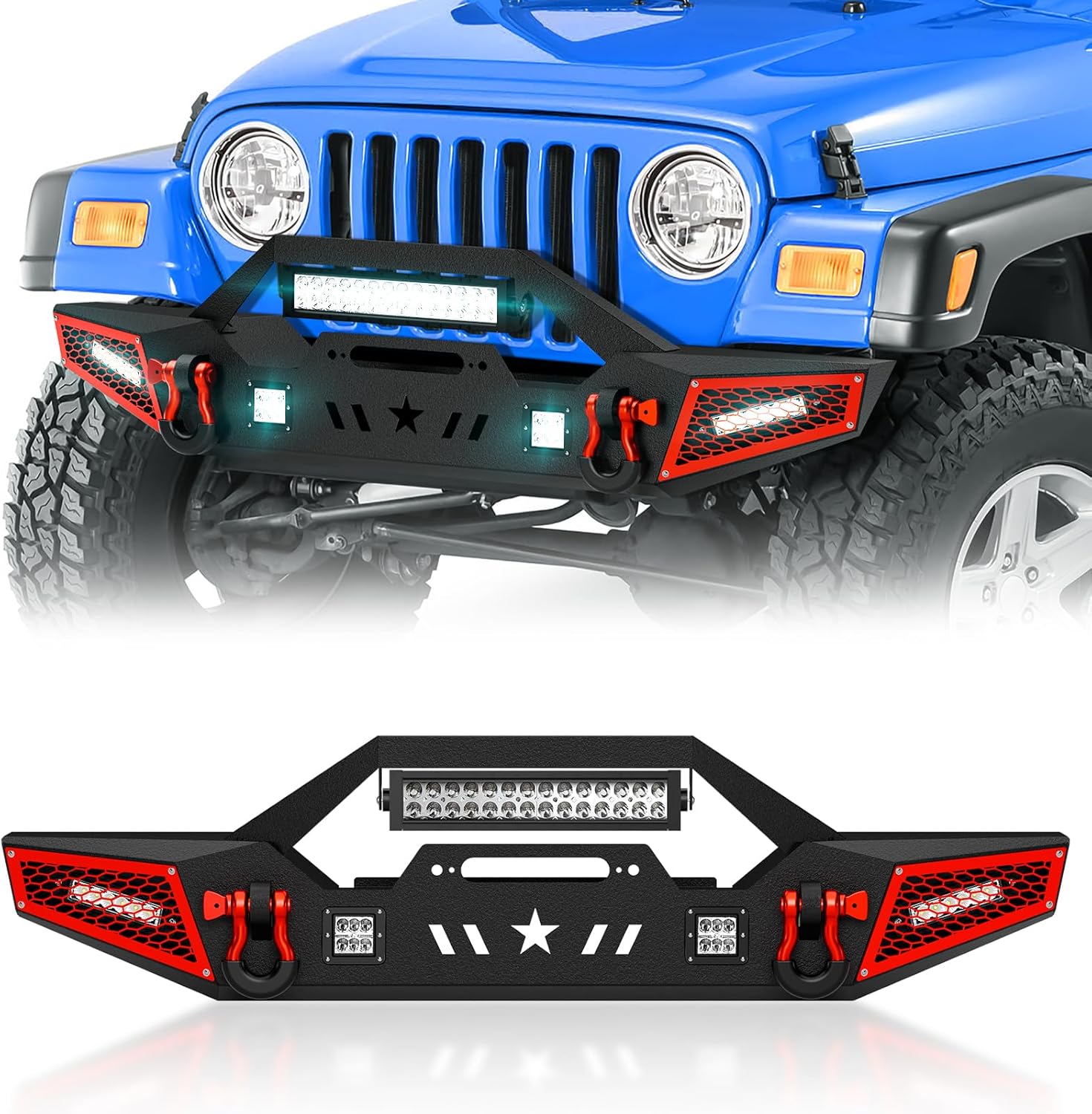 Parachoques delantero todoterreno compatible con Jeep Wrangler TJ YJ LJ Rock 1987-2006, placa de cabrestante integrada, armadura pintable, 1 luz LED