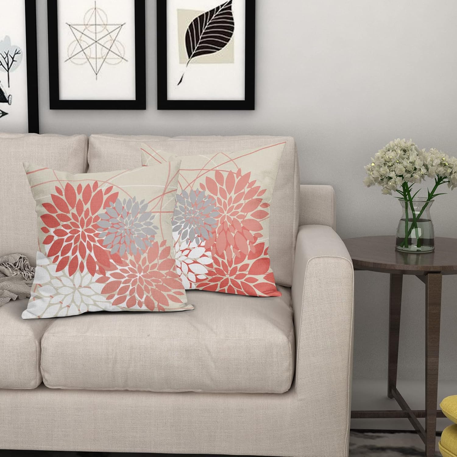 Juego de 2 fundas de almohada coral de 18 x 18 pulgadas, diseño de flores de dalia oscuro y rosa coral claro, decoración de exteriores para el