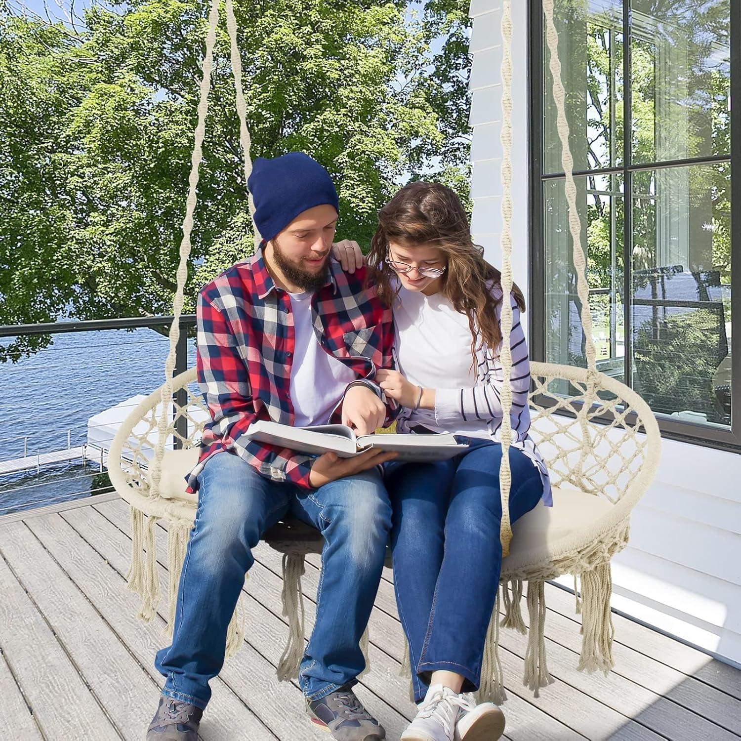 HAPPYGRILL Hamaca colgante para 2 personas con cojín, silla columpio colgante, estilo platillo, silla columpio de macramé, silla columpio de