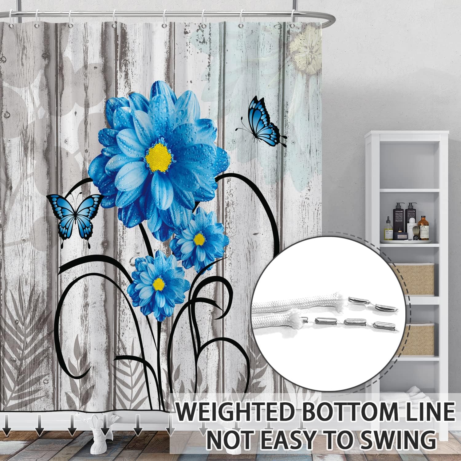 Cortinas de ducha con diseño de mariposas florales para baño, cortina de ducha rústica, tela de margaritas azules sobre madera campestre, juego de