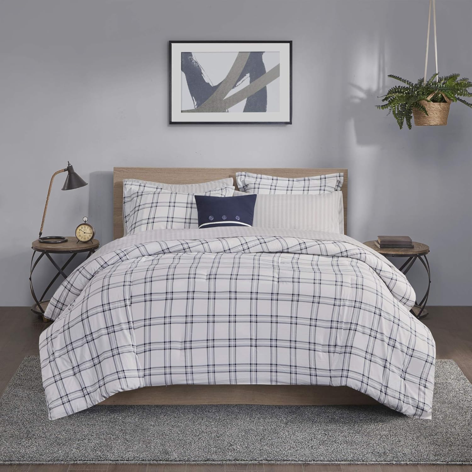Madison Park Essentials Cozy Bed in A Bag – Edredón reversible con juego de sábanas completo, diseño casual de cabaña a cuadros, funda para todas