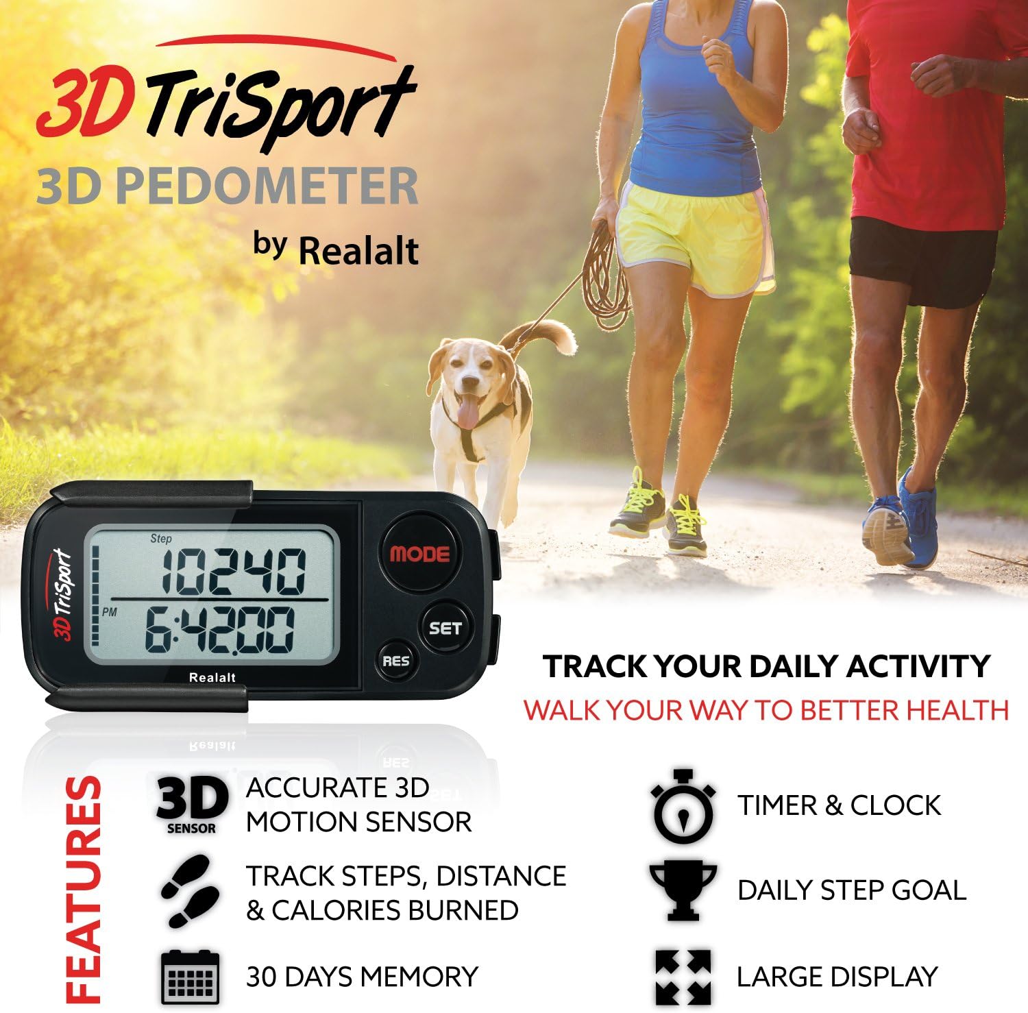 3DTriSport – Podómetro 3D para caminar con clip y correa, libro electrónico gratuito  30 días de memoria, contador de pasos preciso, distancia a pie