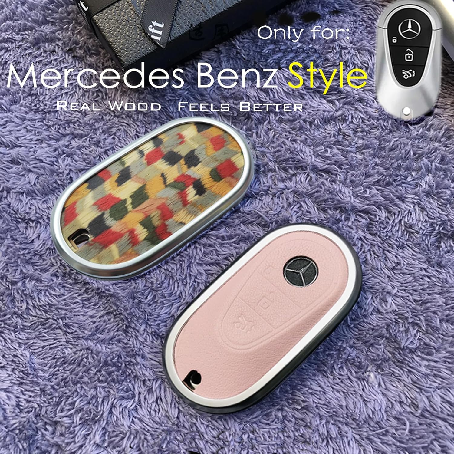 Funda para llave de Mercedes Benz, hecha de chapa de madera real, de cuero auténtico, para llavero compatible con C GLC E S, ect 2022-2023 (roble