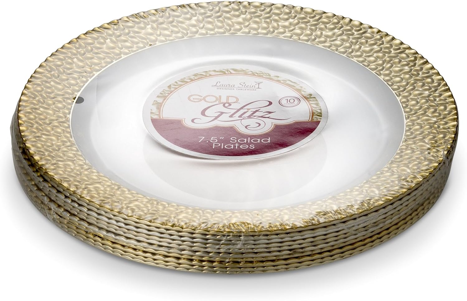 Laura Stein – 16 platos de 7 pulgadas – Vajilla de diseñador de plástico pesado de alta calidad, platos de ensalada con borde dorado, plato de
