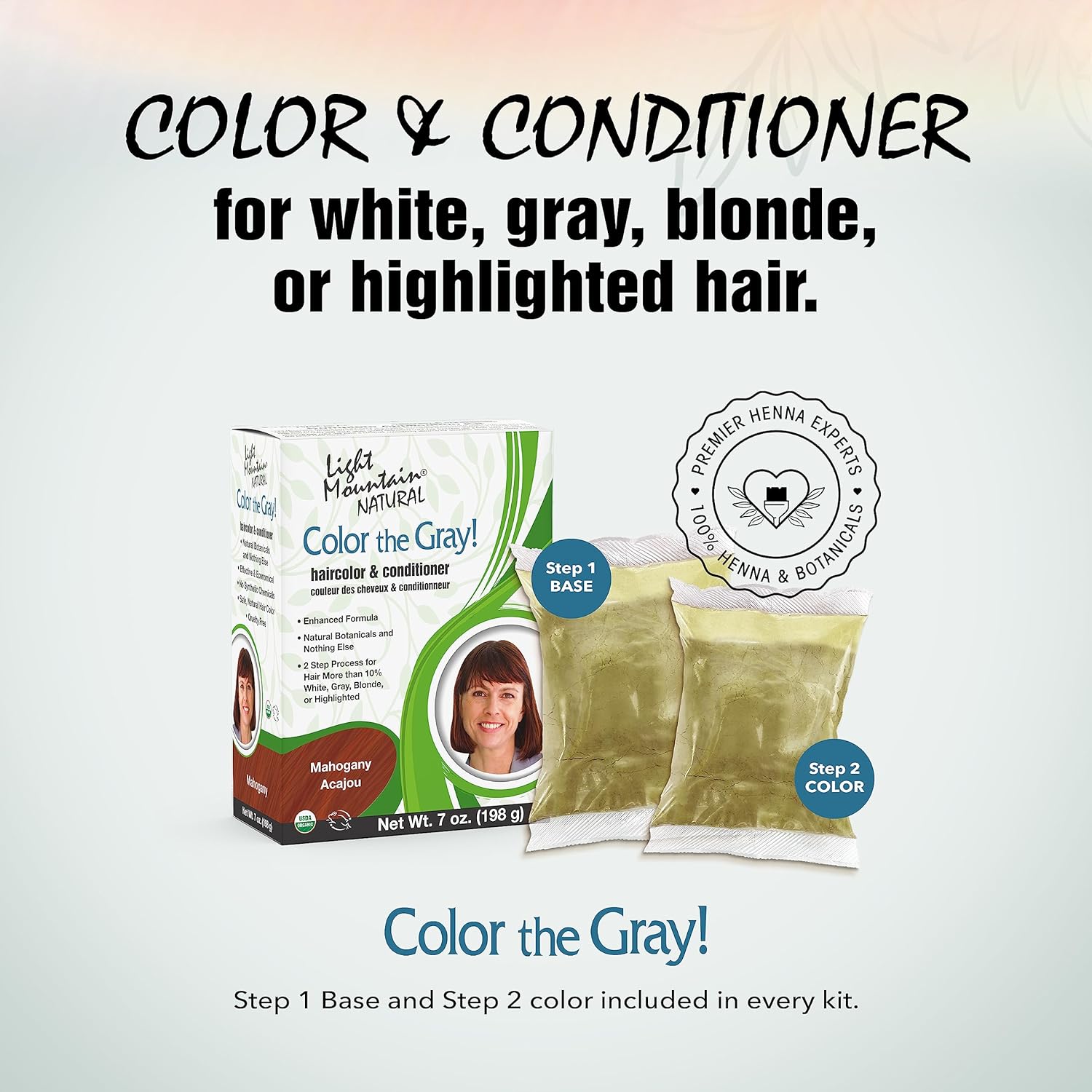 Light Mountain Henna – Tinte y acondicionador para el cabello, color gris  Tinte para el cabello caoba para hombres y mujeres, 2 pasos sin químicos,